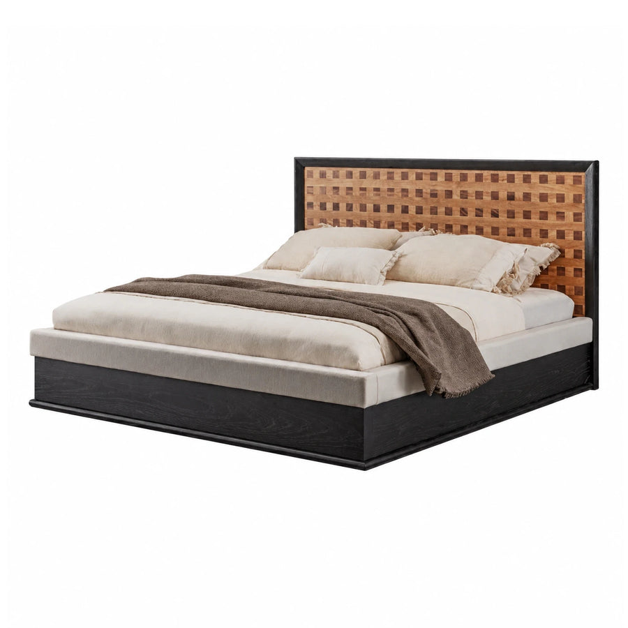 Black Wood Platform Bed with Woven Headboard