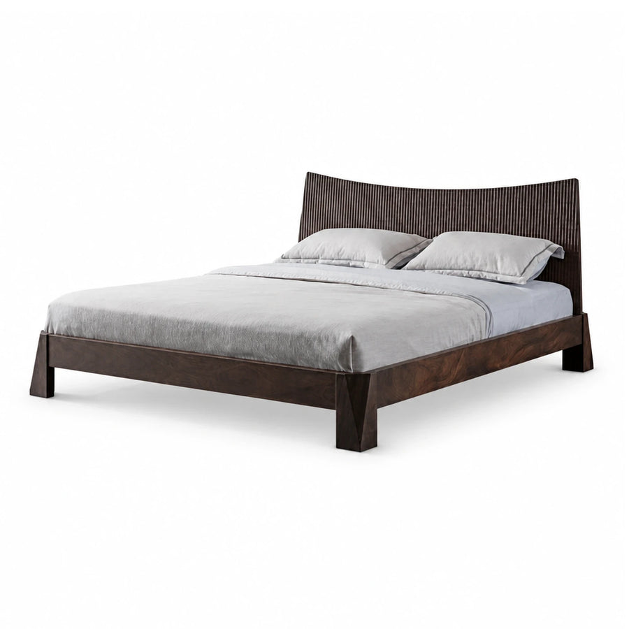 Dark Wood Platform Bed with Fluted Headboard