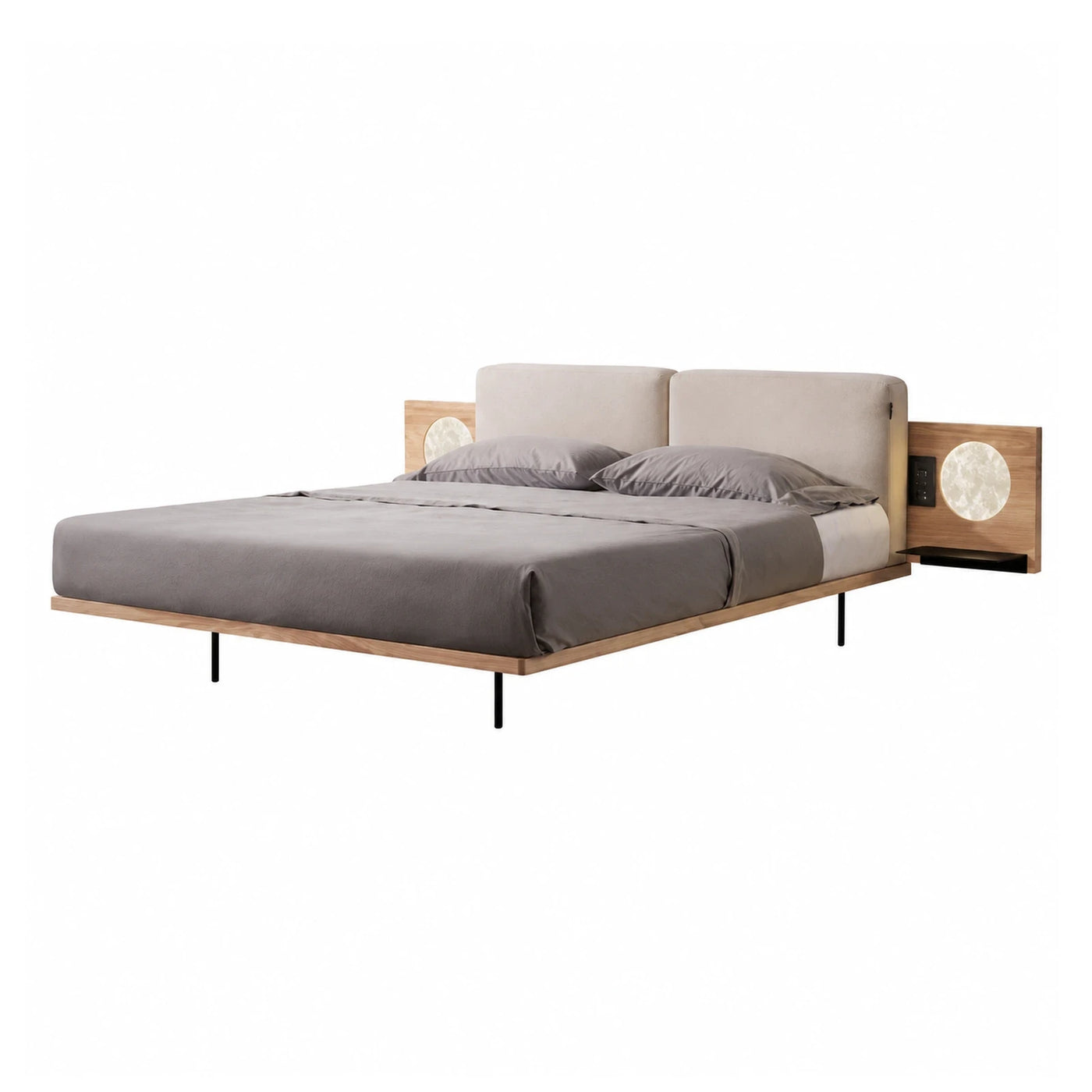 Modern Platform Bed with Integrated Nightstands and Moon Lamp