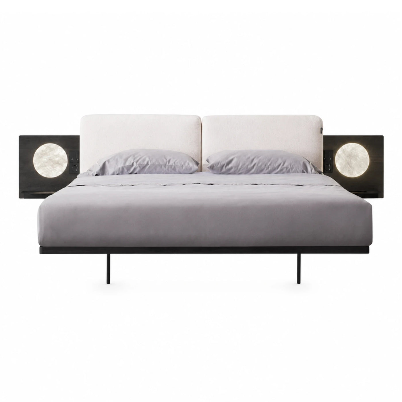 Modern Upholstered Bed with Integrated Nightstands and Moon Lamps