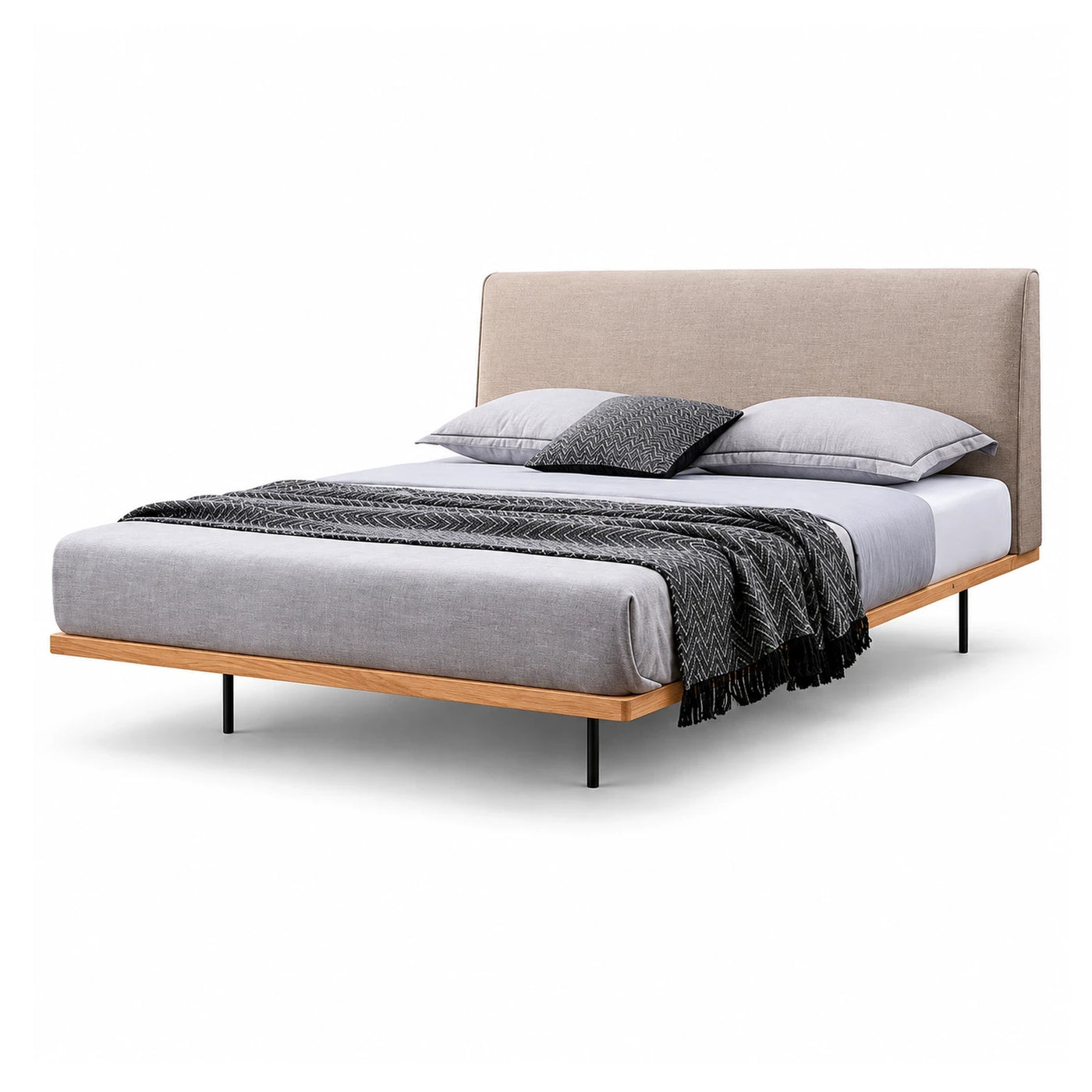 Beige Upholstered Platform Bed with Wooden Frame