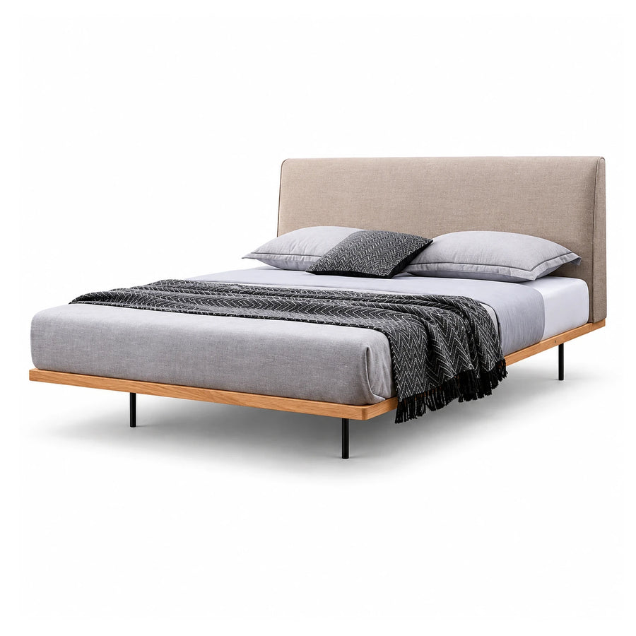 Beige Upholstered Platform Bed with Wooden Frame