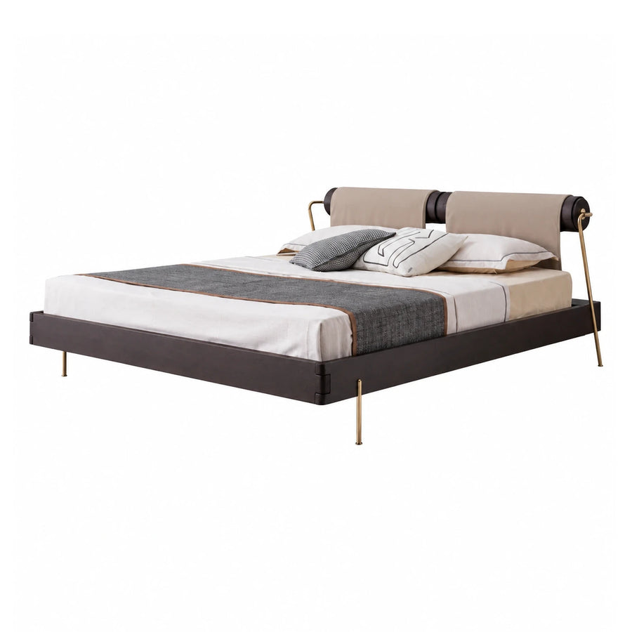 Modern Platform Bed with Upholstered Headboard and Brass Legs