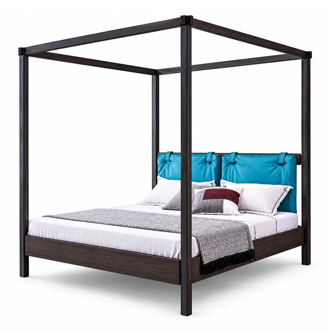 Dark Wood Four Poster Bed with Blue Leather Headboard
