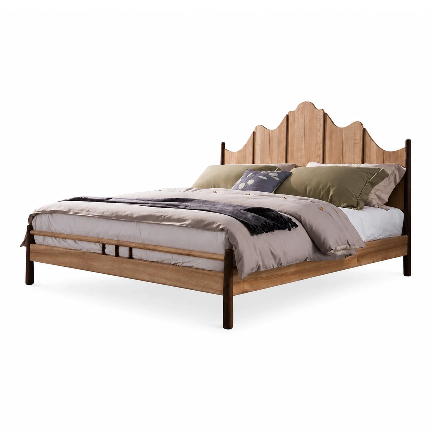Scalloped Wood Platform Bed with Dark Legs