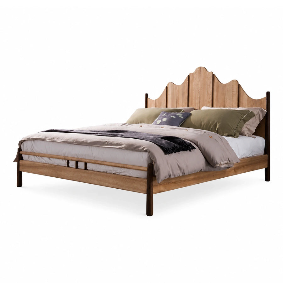 Scalloped Wood Platform Bed with Dark Legs