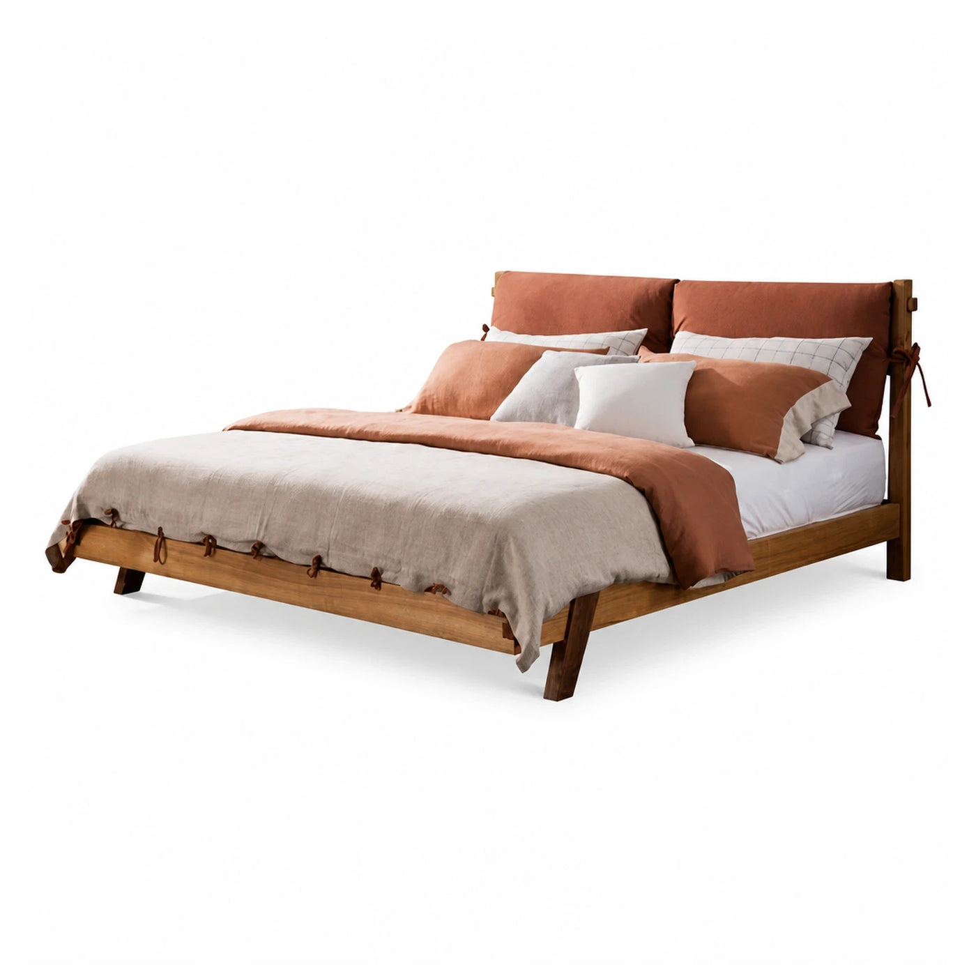 Wooden Platform Bed with Upholstered Headboard