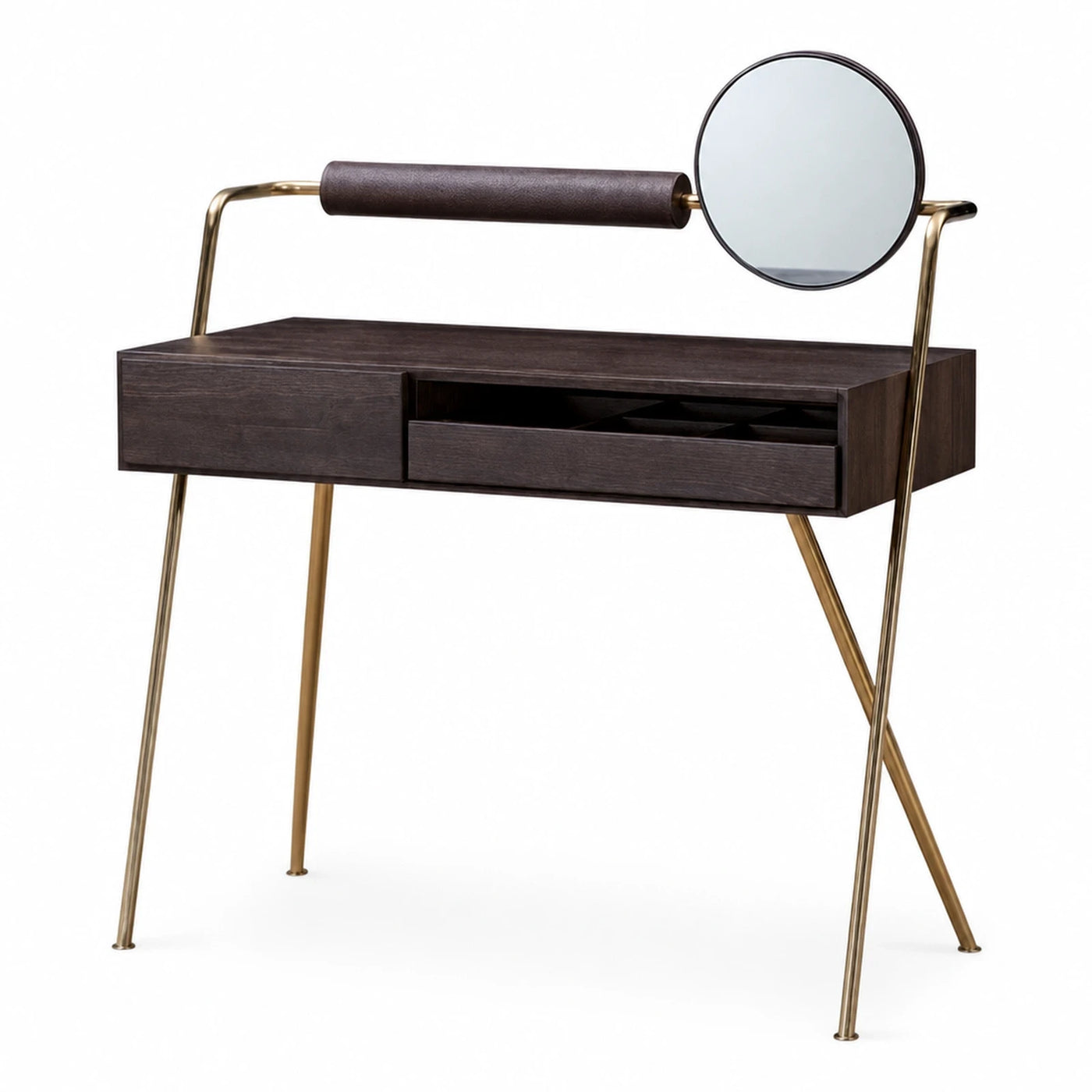 Modern Dark Wood Makeup Vanity with Round Mirror