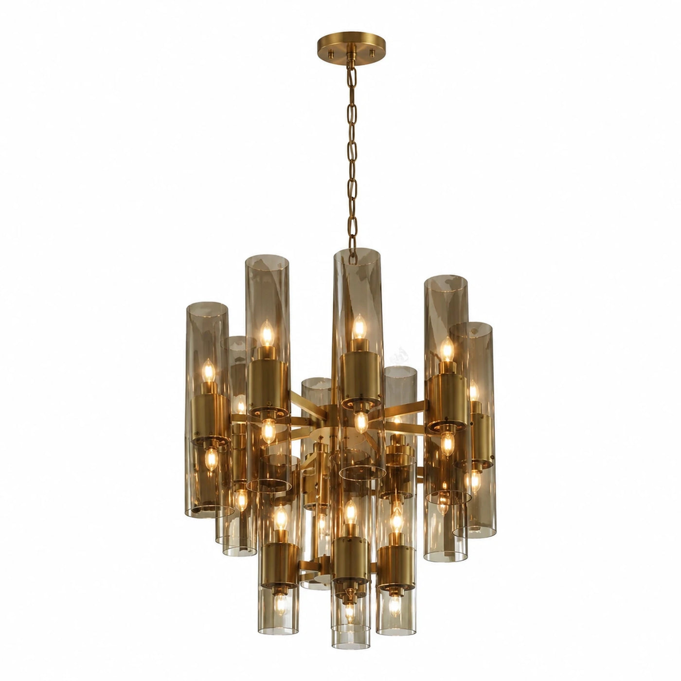 Gold Chandelier with Smoked Glass Cylinders