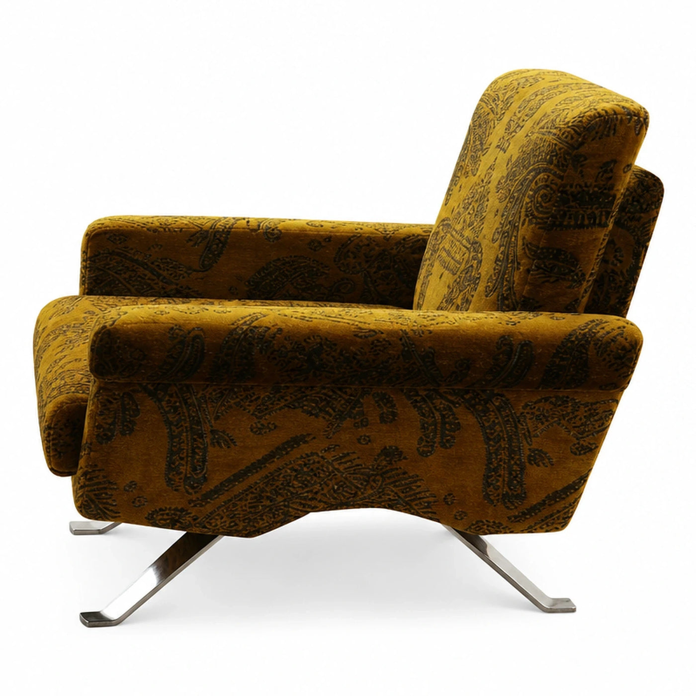 Yellow Paisley Patterned Velvet Armchair with Chrome Legs
