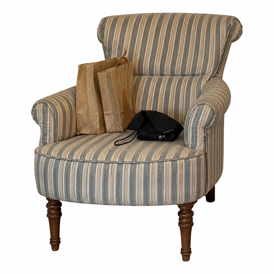 Striped Fabric Armchair with Turned Wood Legs
