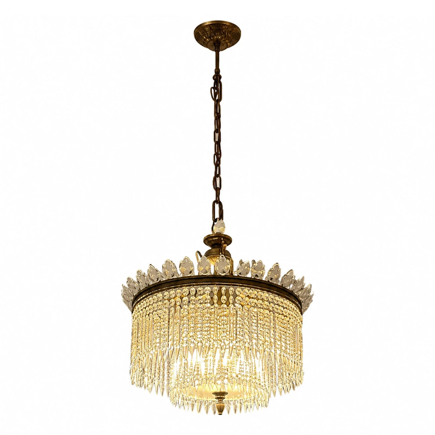 Antique Brass Crystal Chandelier with Cascading Prisms