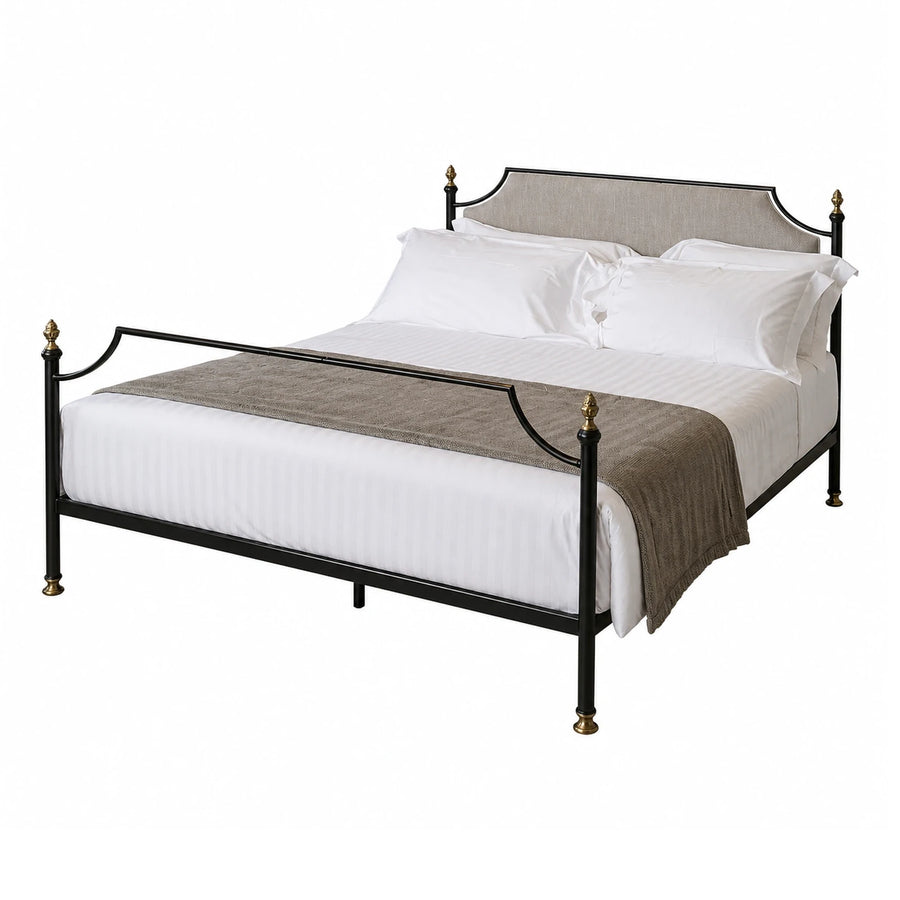 Black Metal Bed Frame with Upholstered Headboard