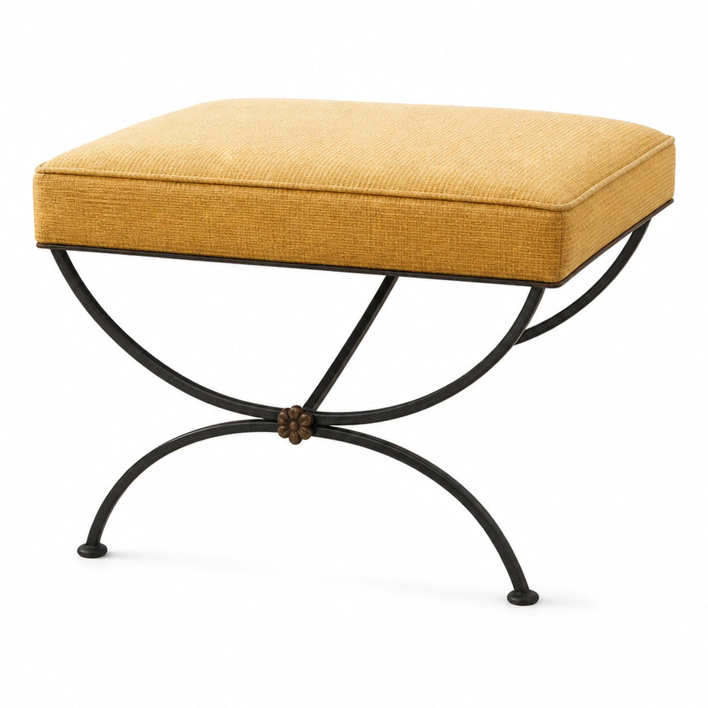Yellow Upholstered Ottoman with Black Metal X-Base