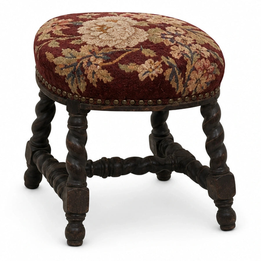 Floral Upholstered Stool with Twisted Wood Legs