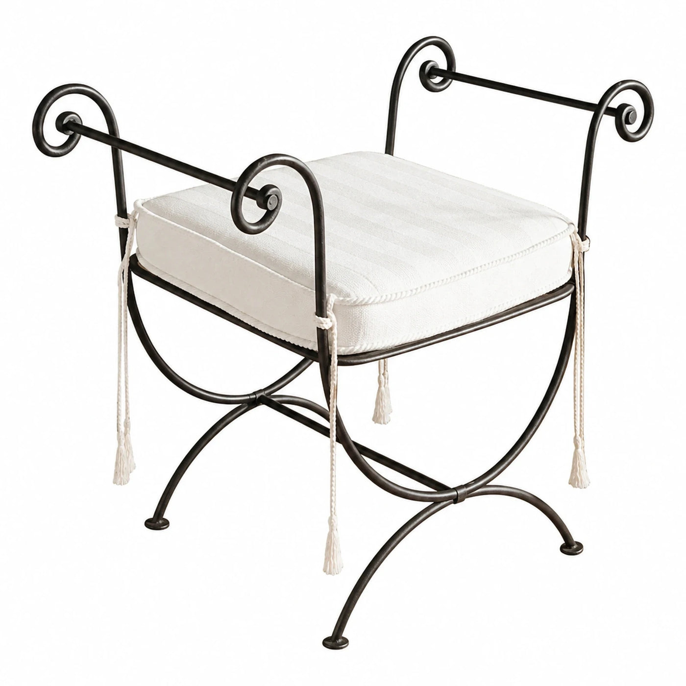 Black Metal Scroll Arm Bench with White Cushion