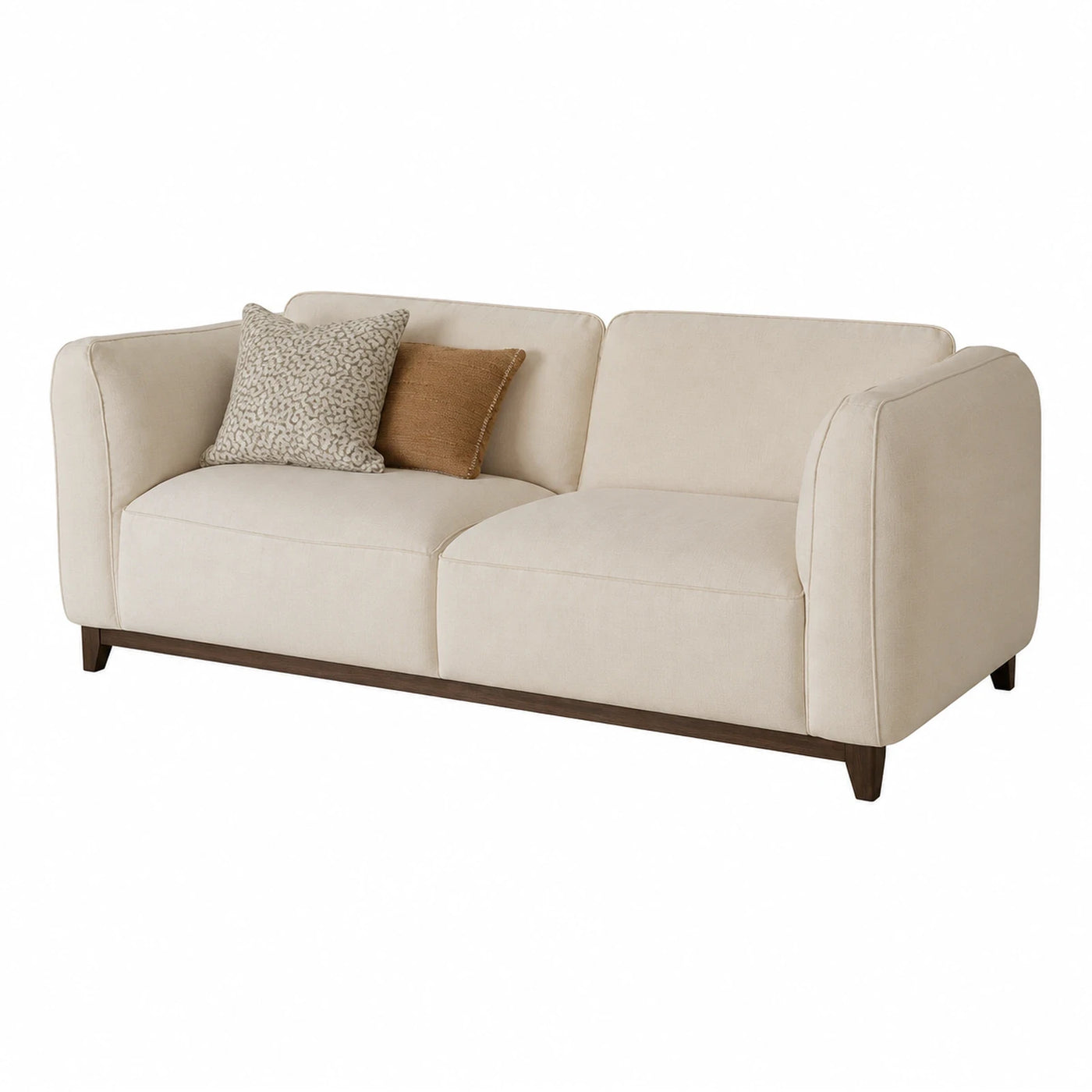Cream Fabric Sofa with Dark Wood Base