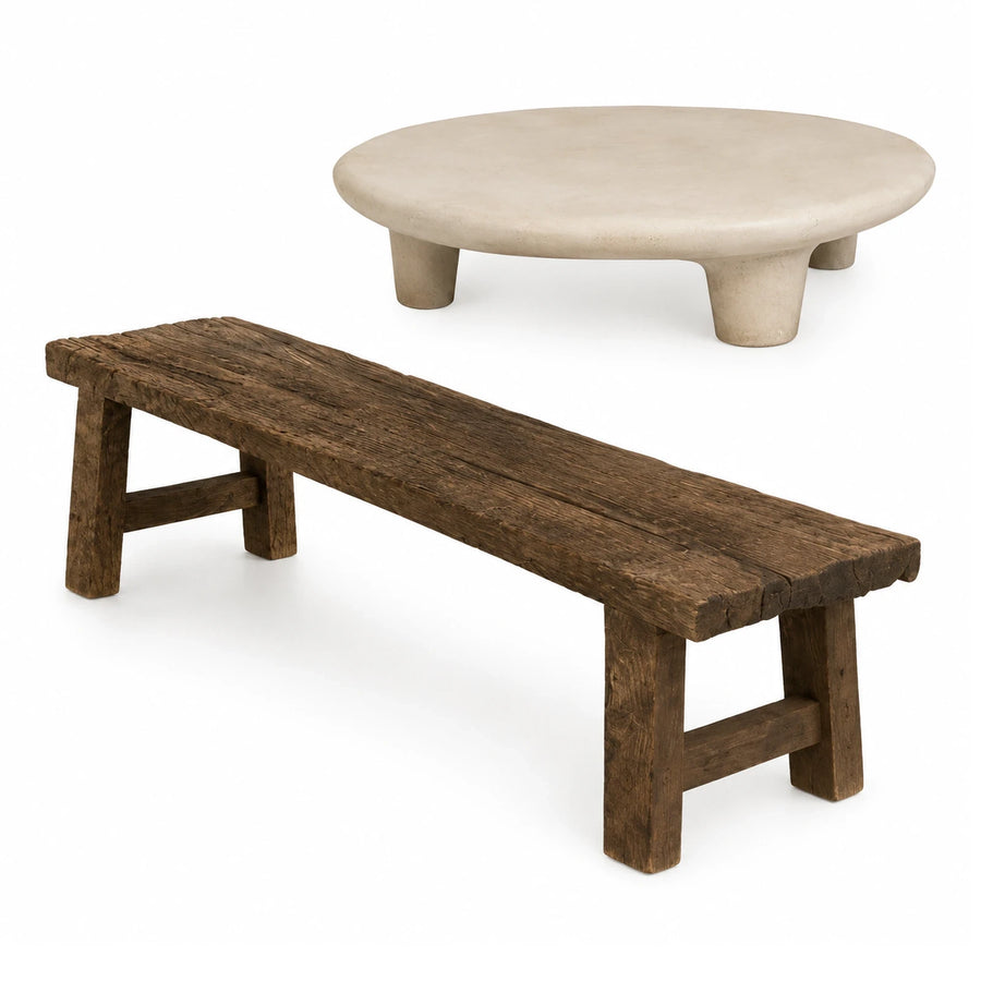 Rustic Reclaimed Wood Bench and Stone Coffee Table Set