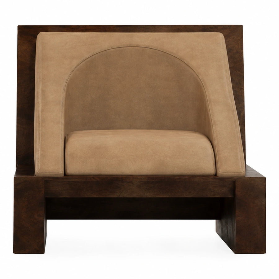 Dark Wood Frame Beige Upholstered Lounge Chair