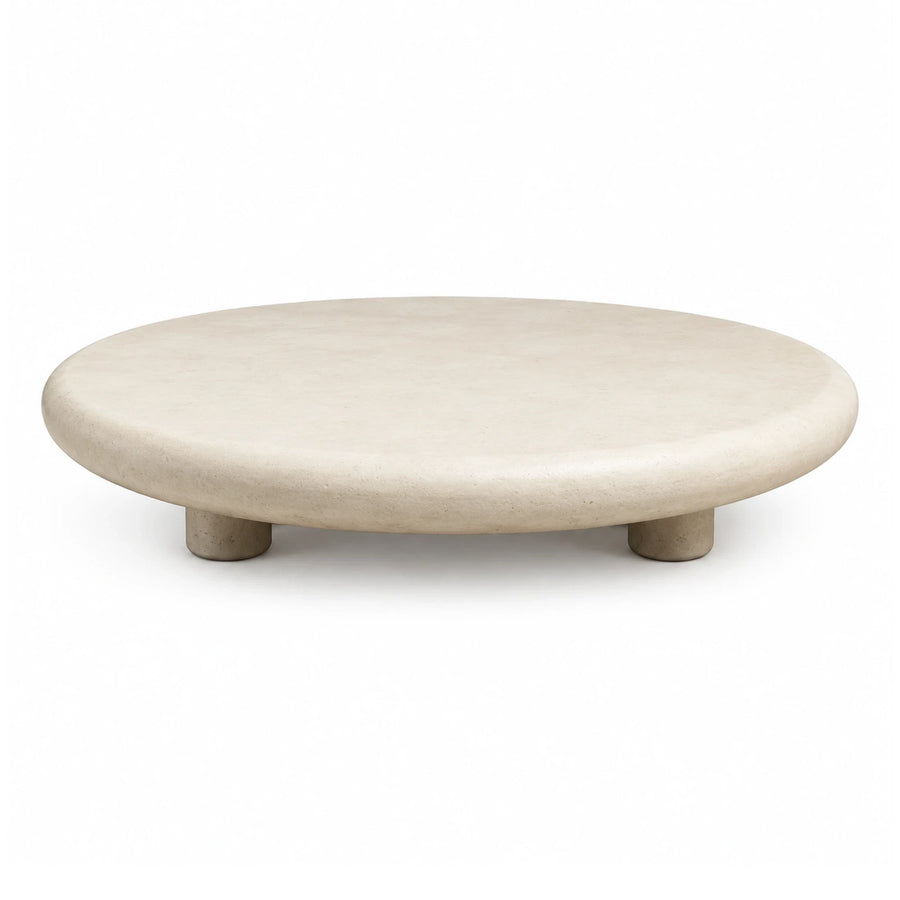 Round Beige Stone Coffee Table with Cylindrical Legs
