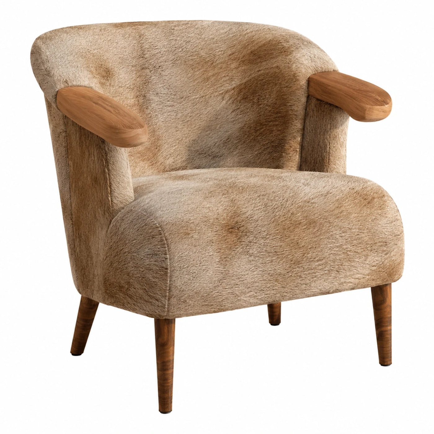 Beige Faux Fur Armchair with Wooden Arms