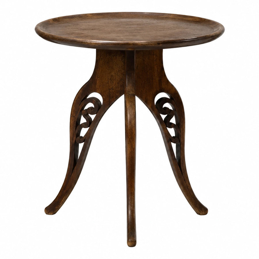 Dark Wood Round Side Table with Carved Scroll Legs
