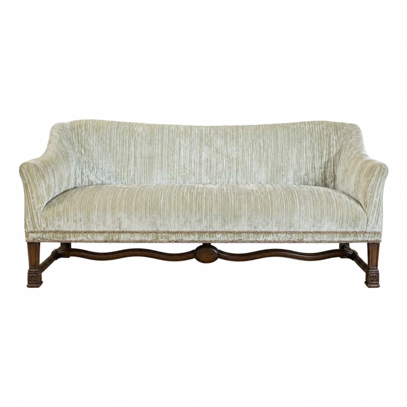 Green Velvet Sofa with Carved Wood Base