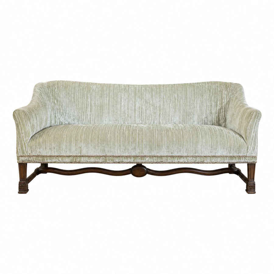 Green Velvet Sofa with Carved Wood Base