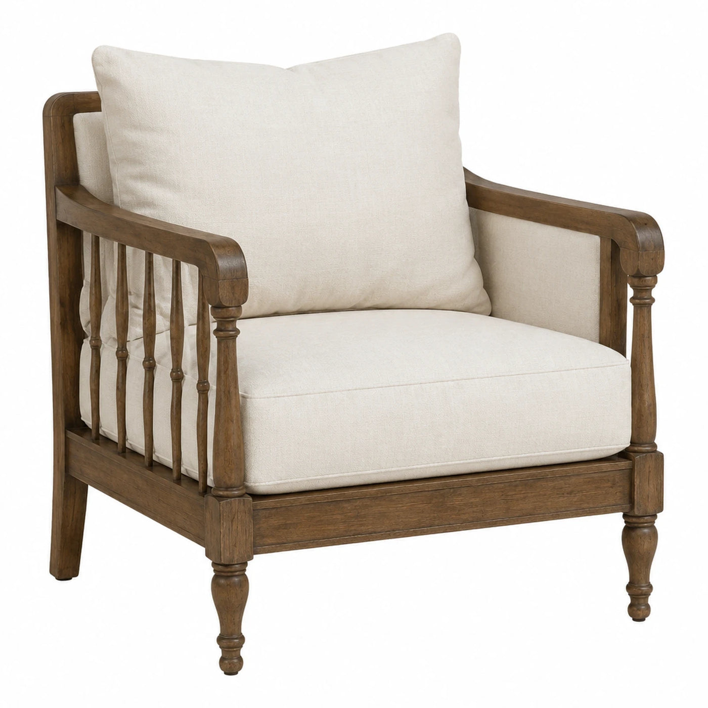 Wooden Armchair with Cream Cushion and Spindle Back