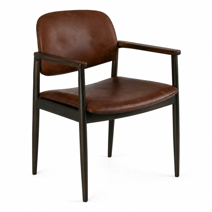 Brown Leather Armchair with Dark Wood Frame