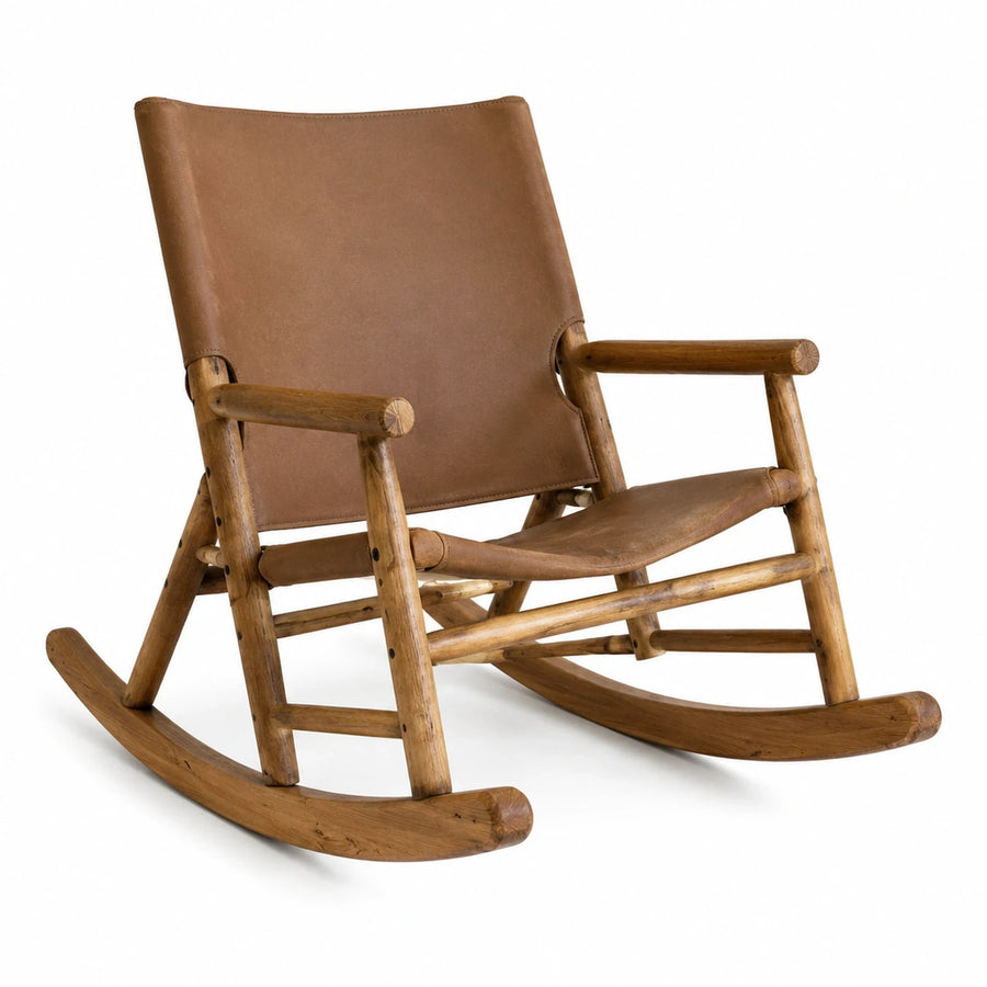 Brown Leather Sling Rocking Chair with Wooden Frame