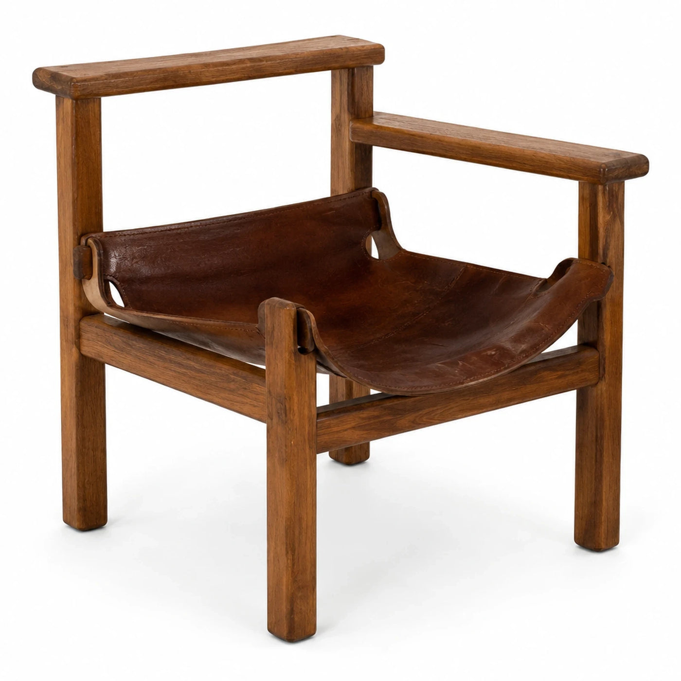 Brown Leather Sling Lounge Chair with Wooden Frame