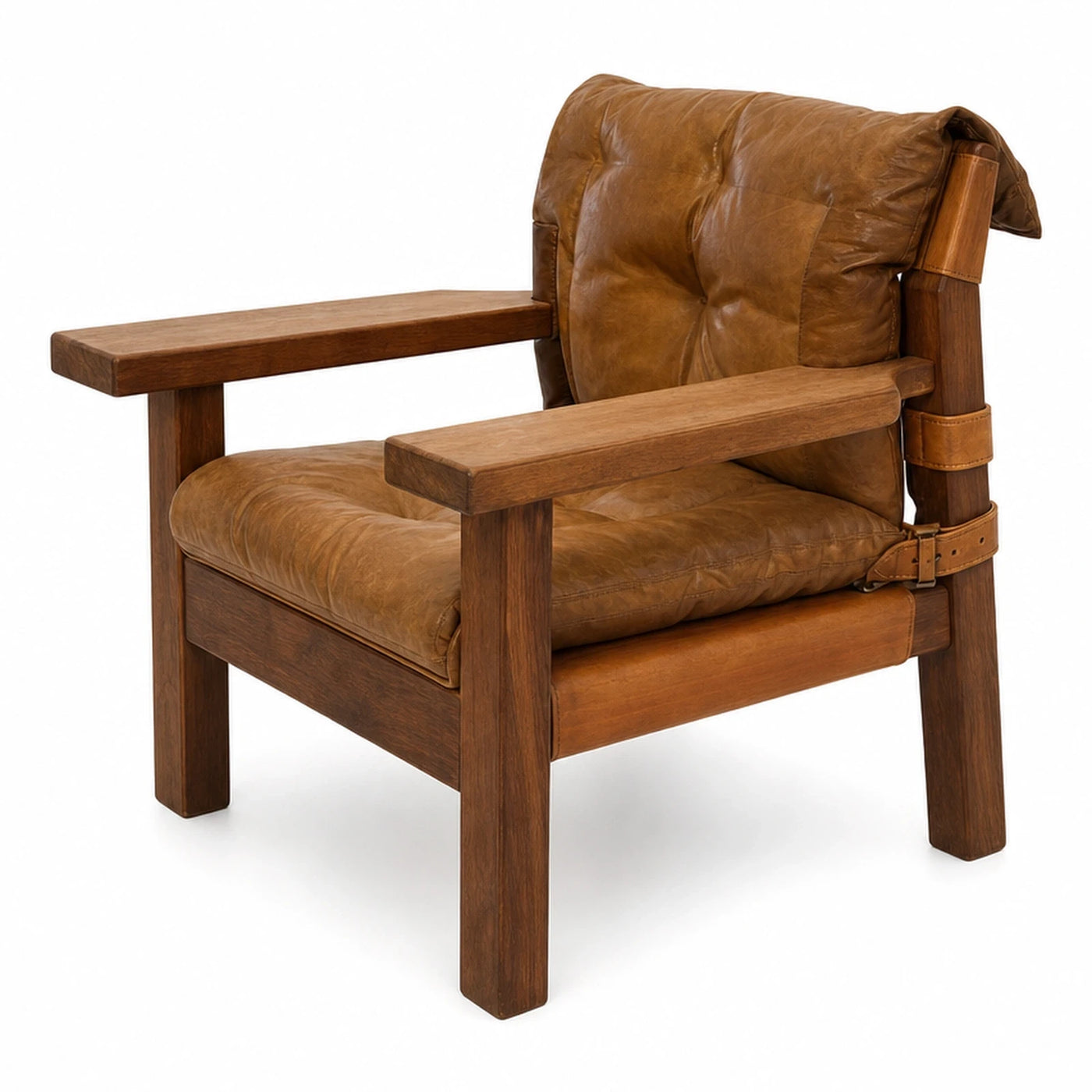 Brown Leather Armchair with Wooden Frame