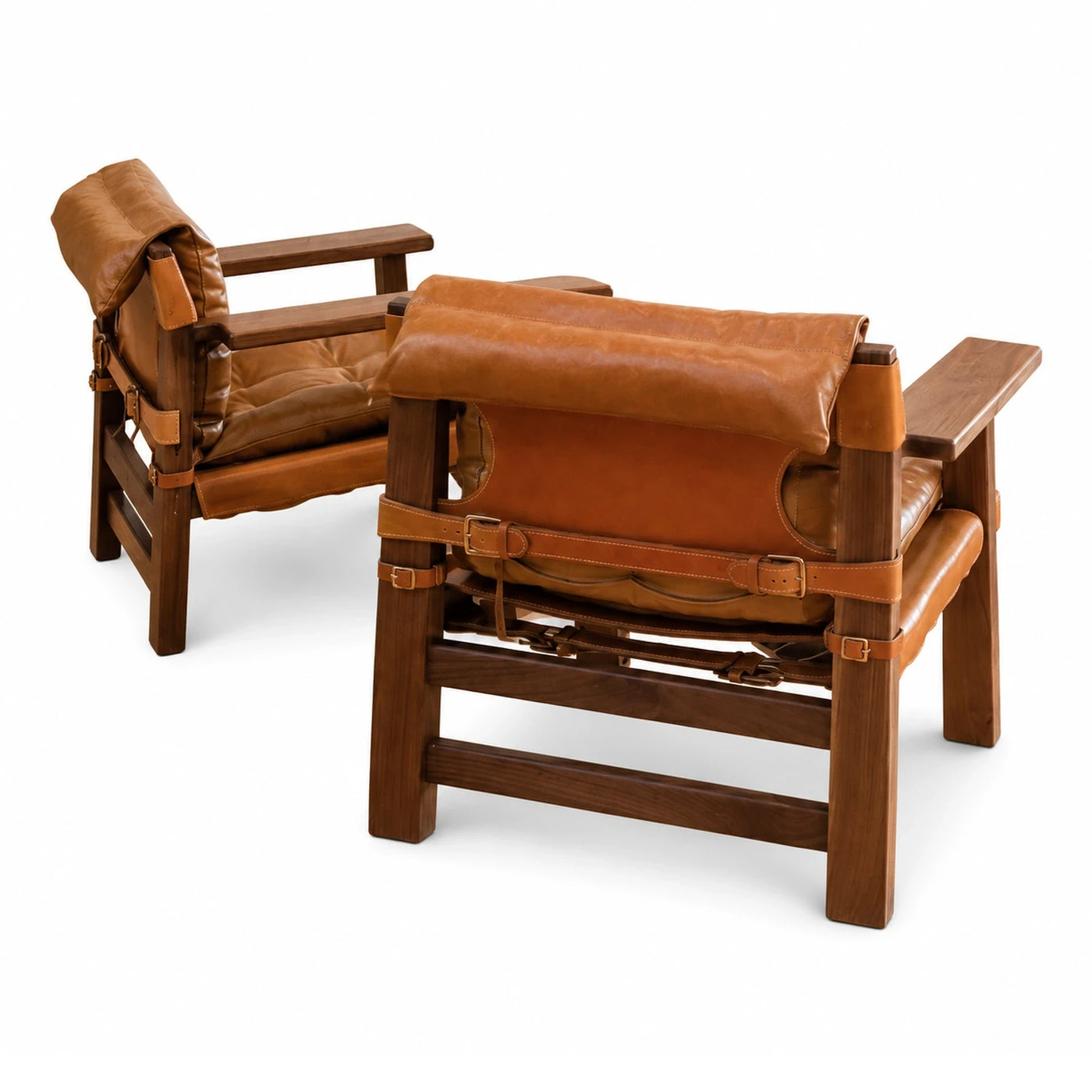Brown Leather Sling Lounge Chair with Wood Frame