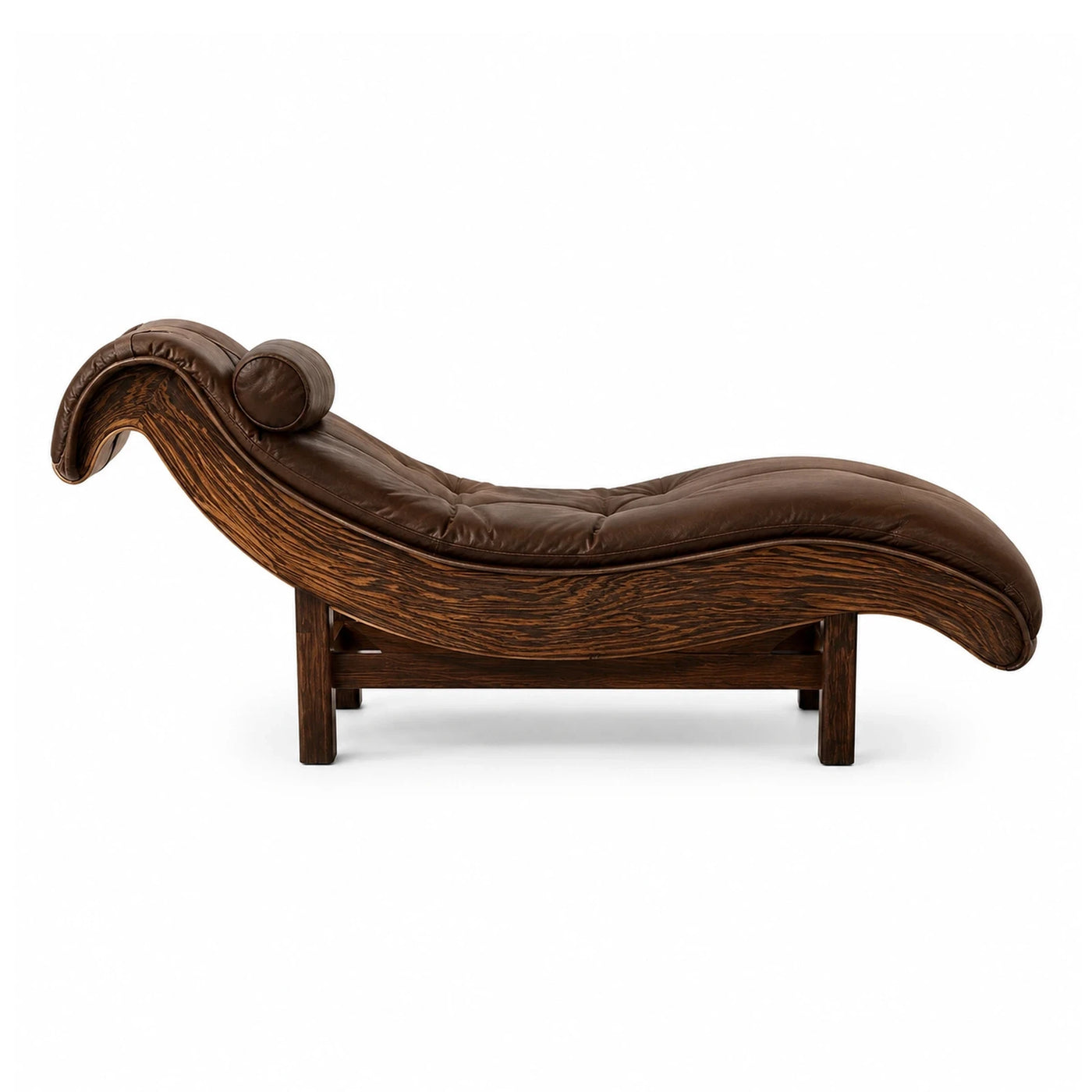 Curved Brown Leather Chaise Lounge with Wood Frame