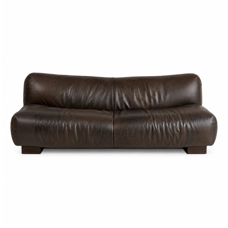 Dark Brown Leather Two-Seat Sofa with Wooden Base