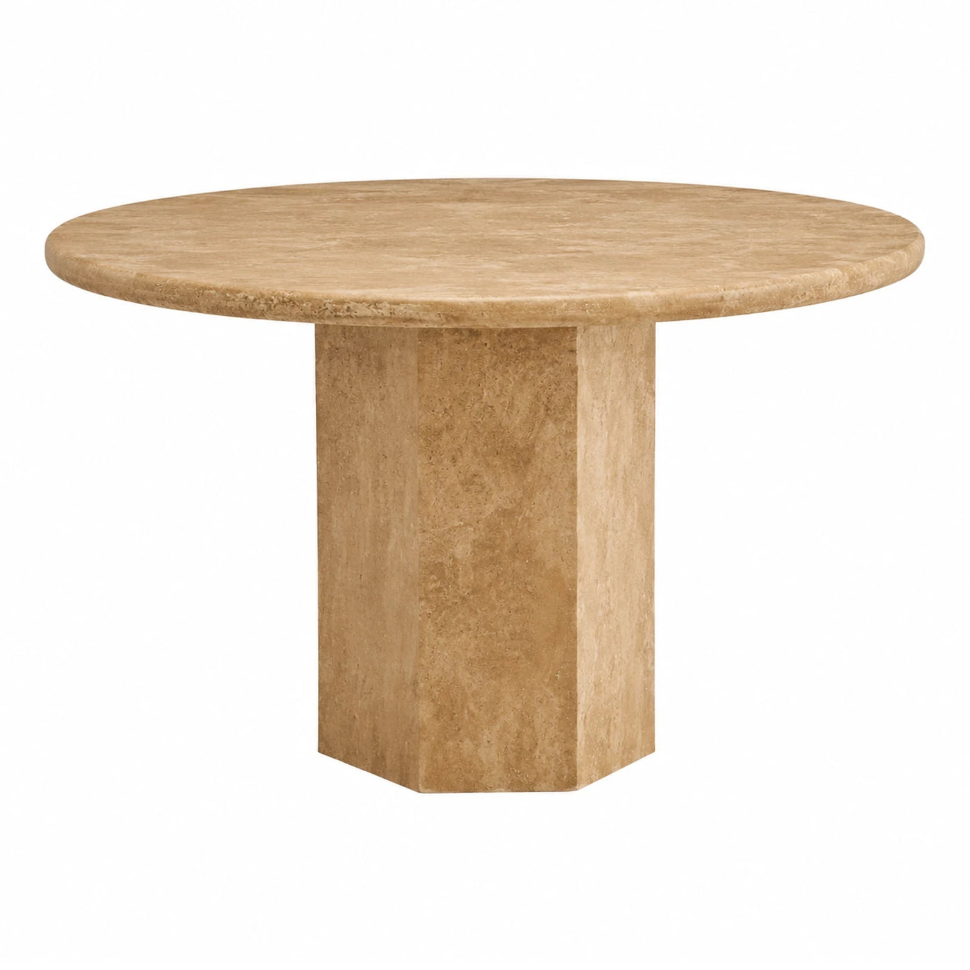 Round Travertine Stone Dining Table with Hexagonal Base