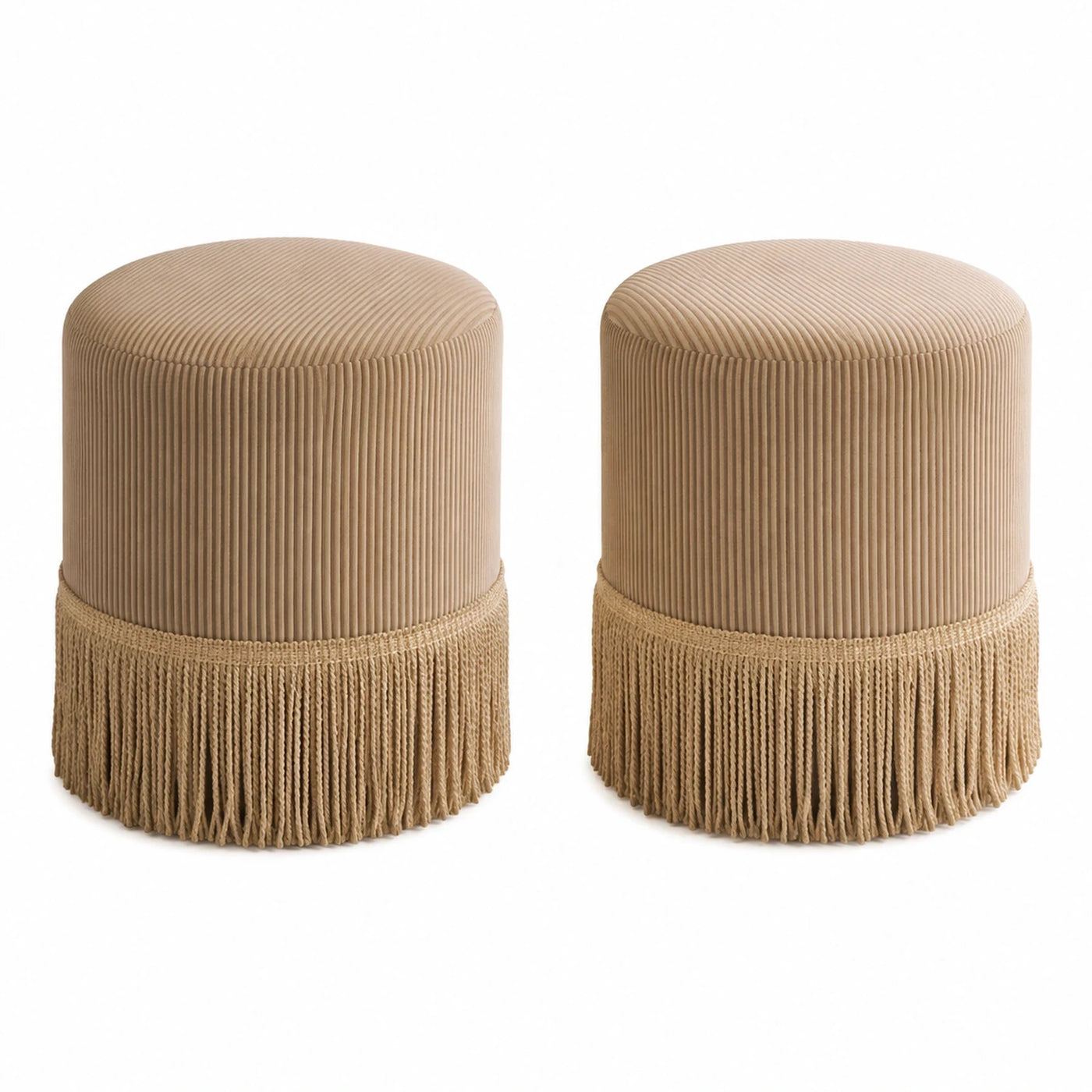 Beige Corduroy Ottoman with Fringe Trim