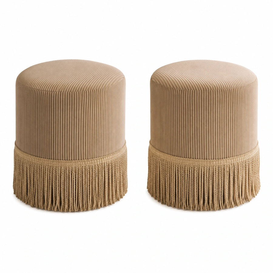 Beige Corduroy Ottoman with Fringe Trim