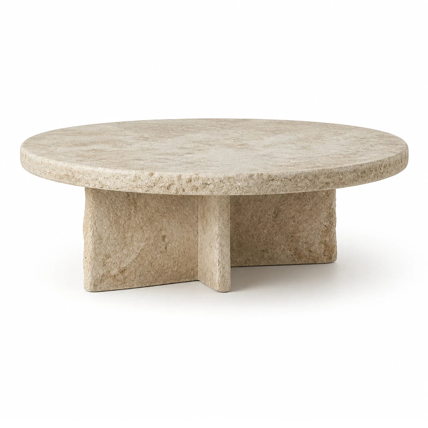 Round Travertine Stone Coffee Table with Cross Base