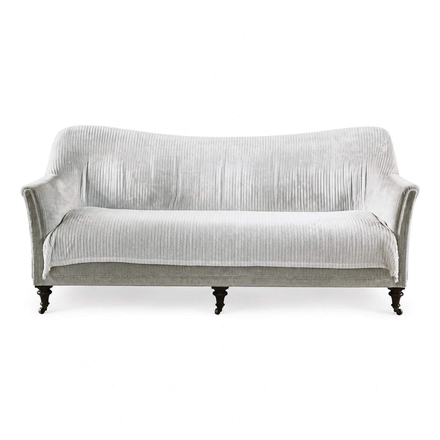 Light Grey Velvet Sofa with Pleated Cover and Turned Legs