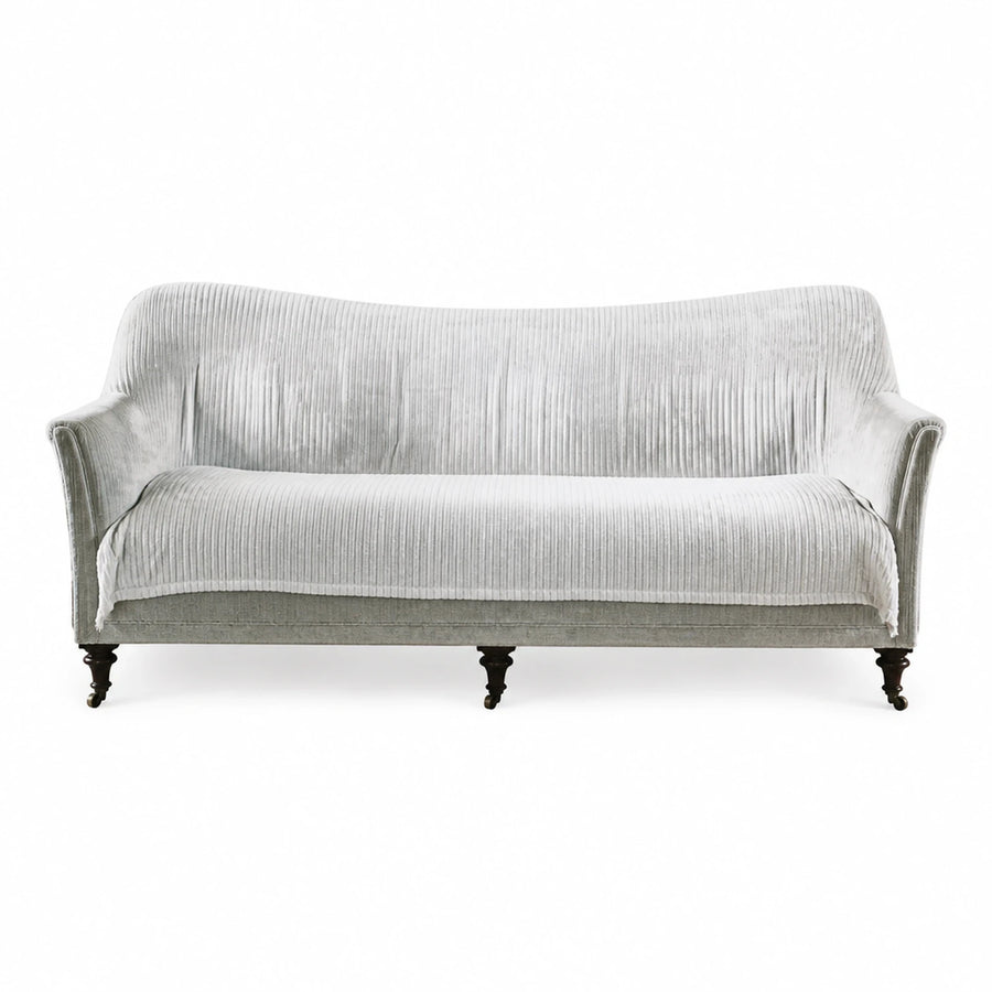 Light Grey Velvet Sofa with Pleated Cover and Turned Legs