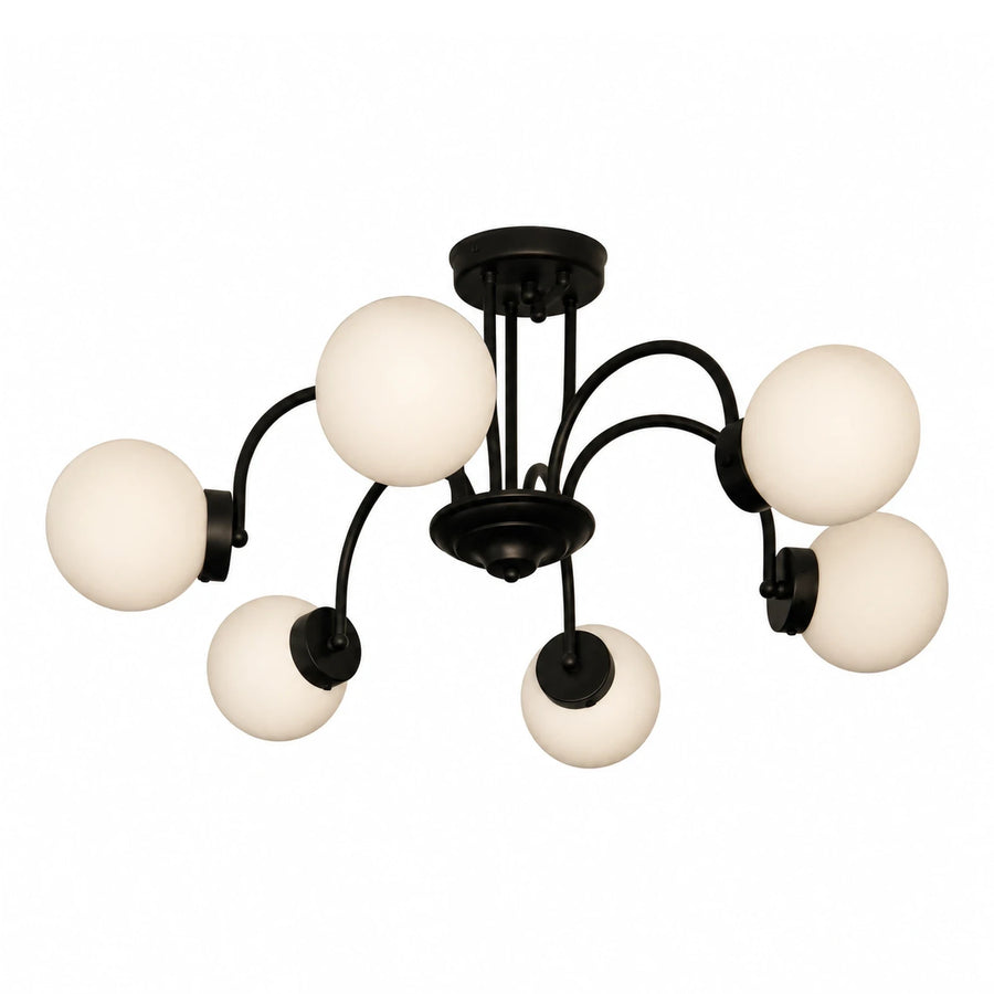 Black Metal Six-Light Semi-Flush Mount Chandelier with White Glass Globes