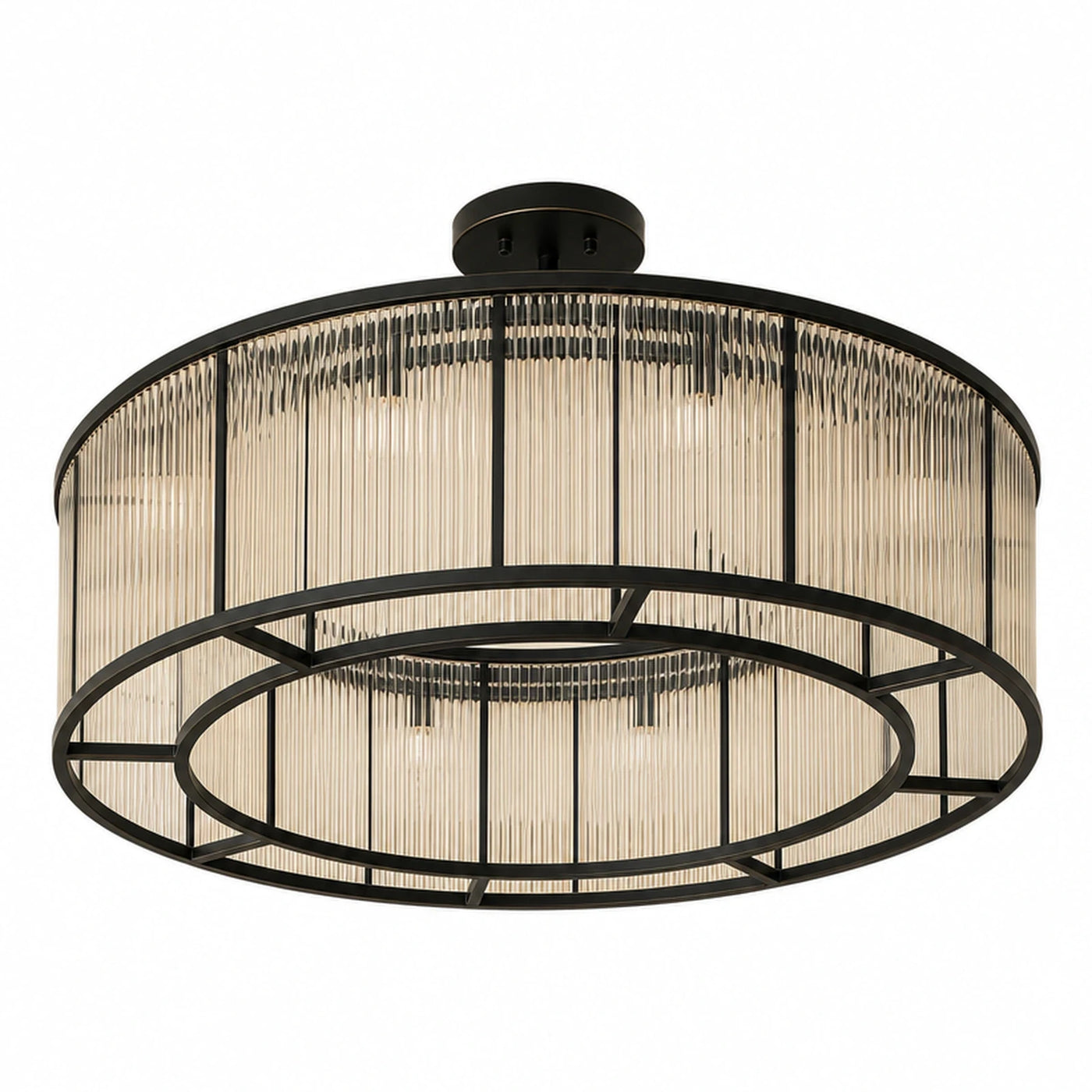 Black Metal Ribbed Glass Drum Ceiling Light