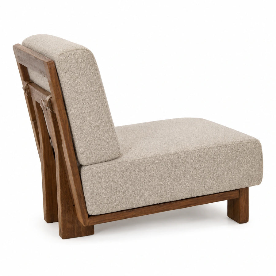 Beige Boucle Lounge Chair with Wooden Frame