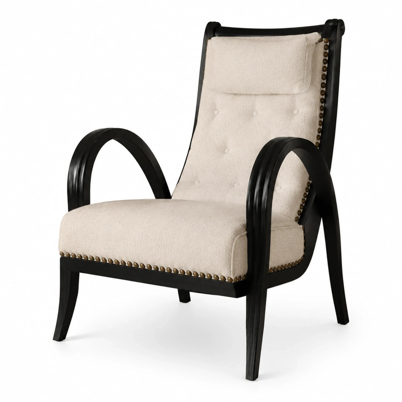 Black Wood Frame Beige Fabric Armchair with Nailhead Trim