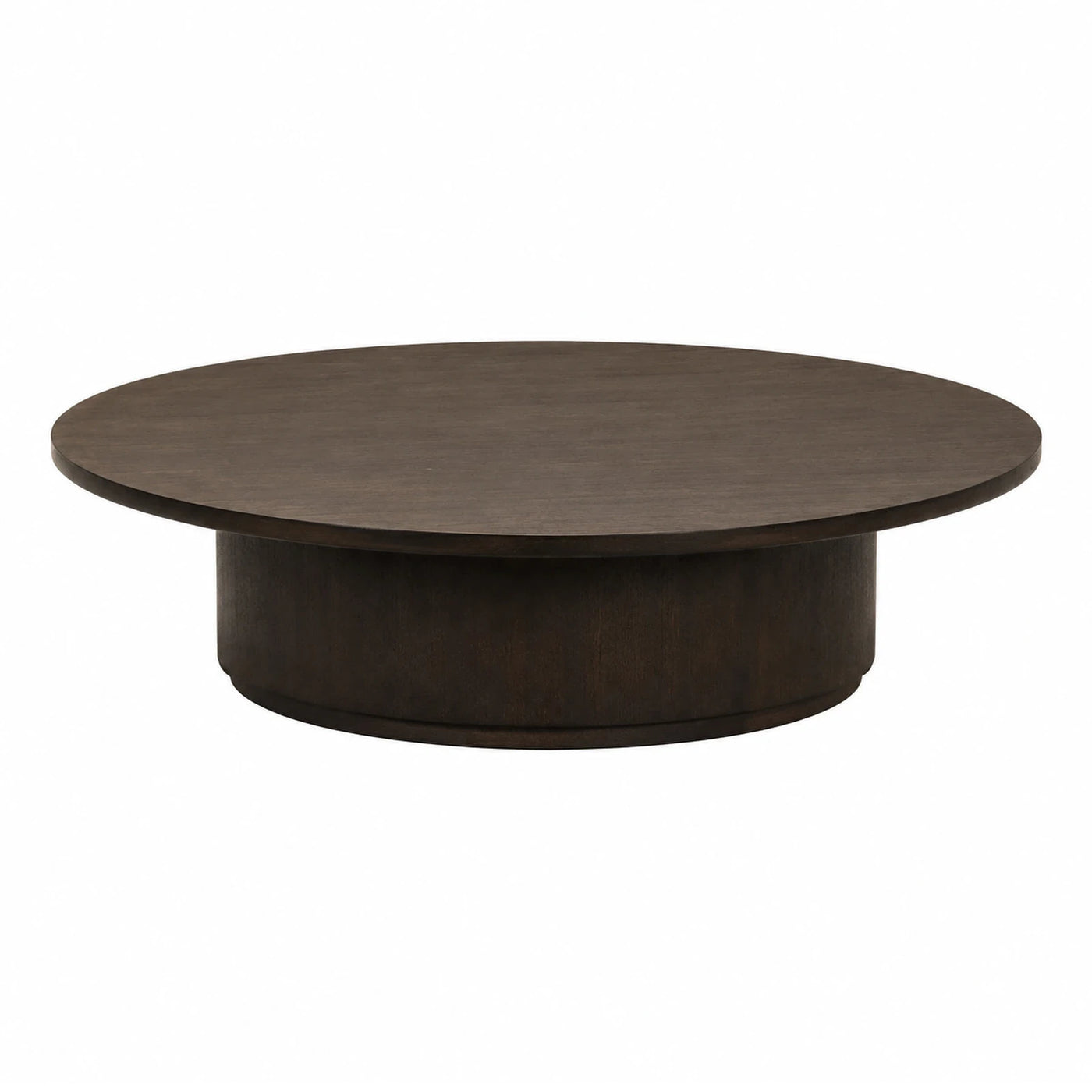 Round Dark Wood Coffee Table with Cylindrical Base