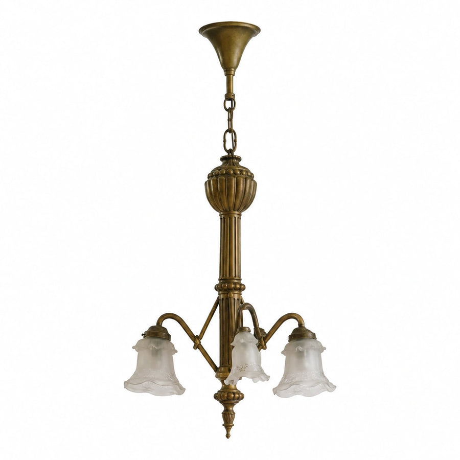 Antique Brass Three-Light Chandelier with Frosted Glass Shades
