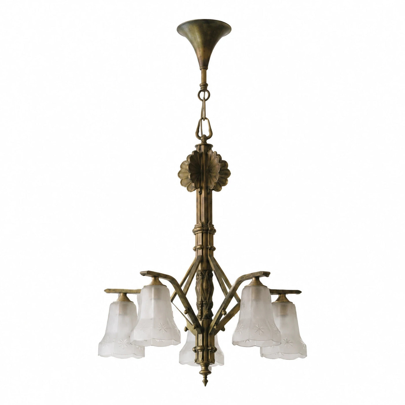 Antique Brass Chandelier with Frosted Glass Shades