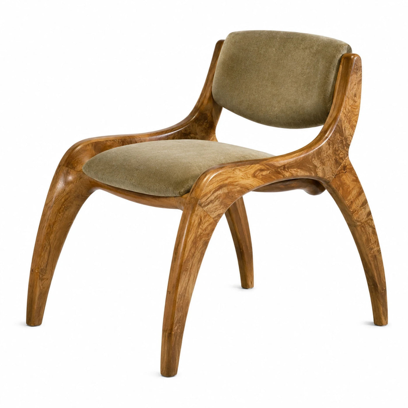 Curved Wood Frame Lounge Chair with Green Upholstery